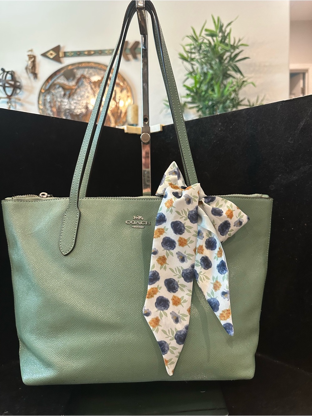 Coach # 321 City Zip Top  Leather Tote Bag with Floral Scarf
